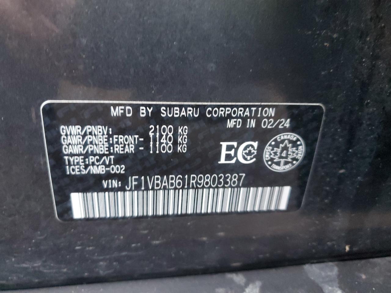 2024 Subaru Wrx VIN: JF1VBAB61R9803387 Lot: 92489825