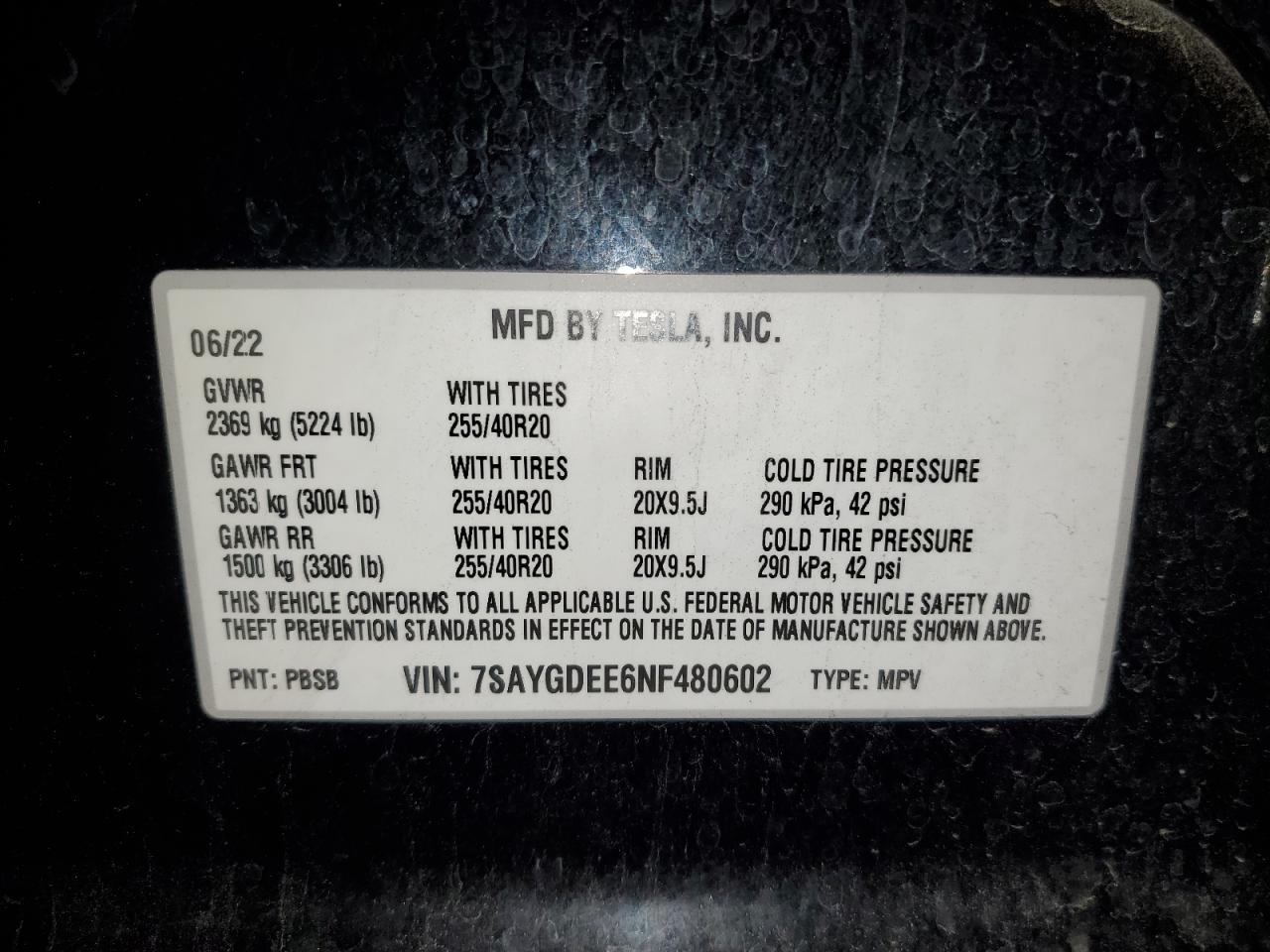 2022 Tesla Model Y VIN: 7SAYGDEE6NF480602 Lot: 92665085