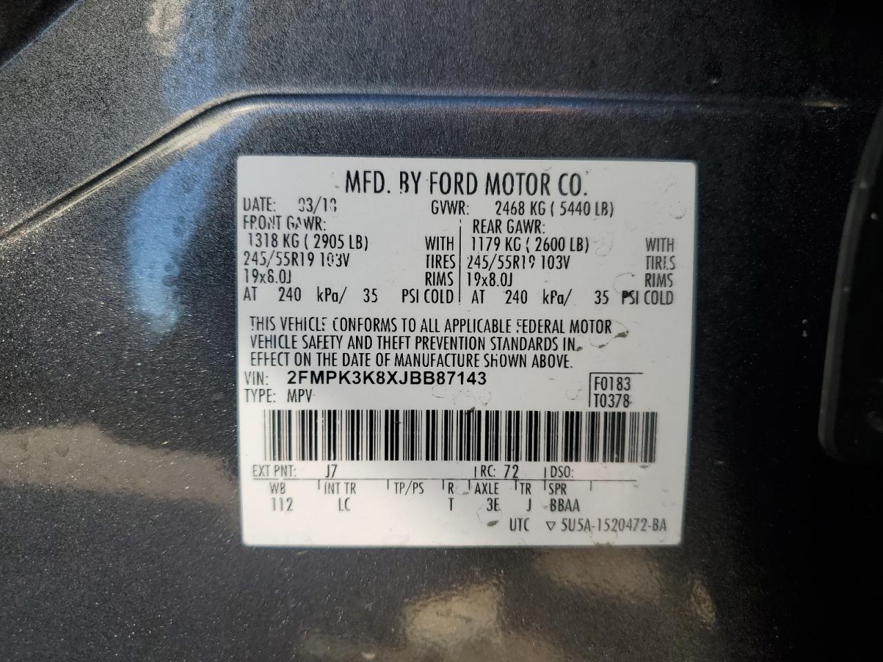 2018 Ford Edge Titanium VIN: 2FMPK3K8XJBB87143 Lot: 90997865