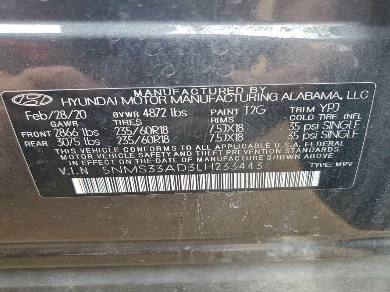 2020 Hyundai Santa Fe Sel VIN: 5NMS33AD3LH233443 Lot: 93215945