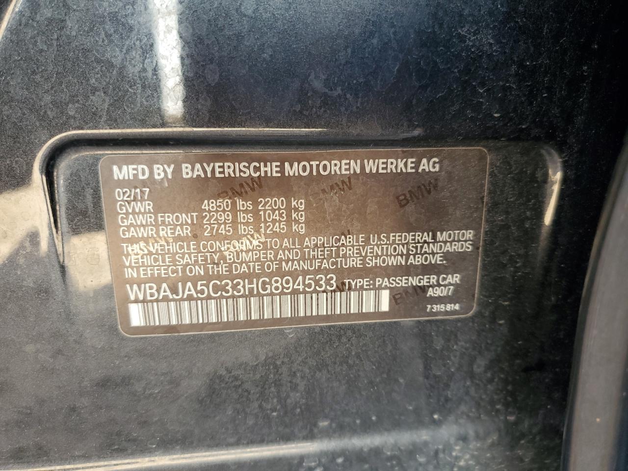 2017 BMW 530 I VIN: WBAJA5C33HG894533 Lot: 91429695