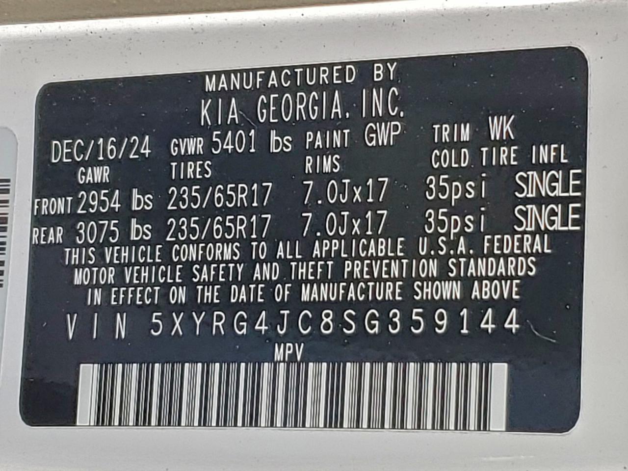 2025 Kia Sorento Lx VIN: 5XYRG4JC8SG359144 Lot: 94671915