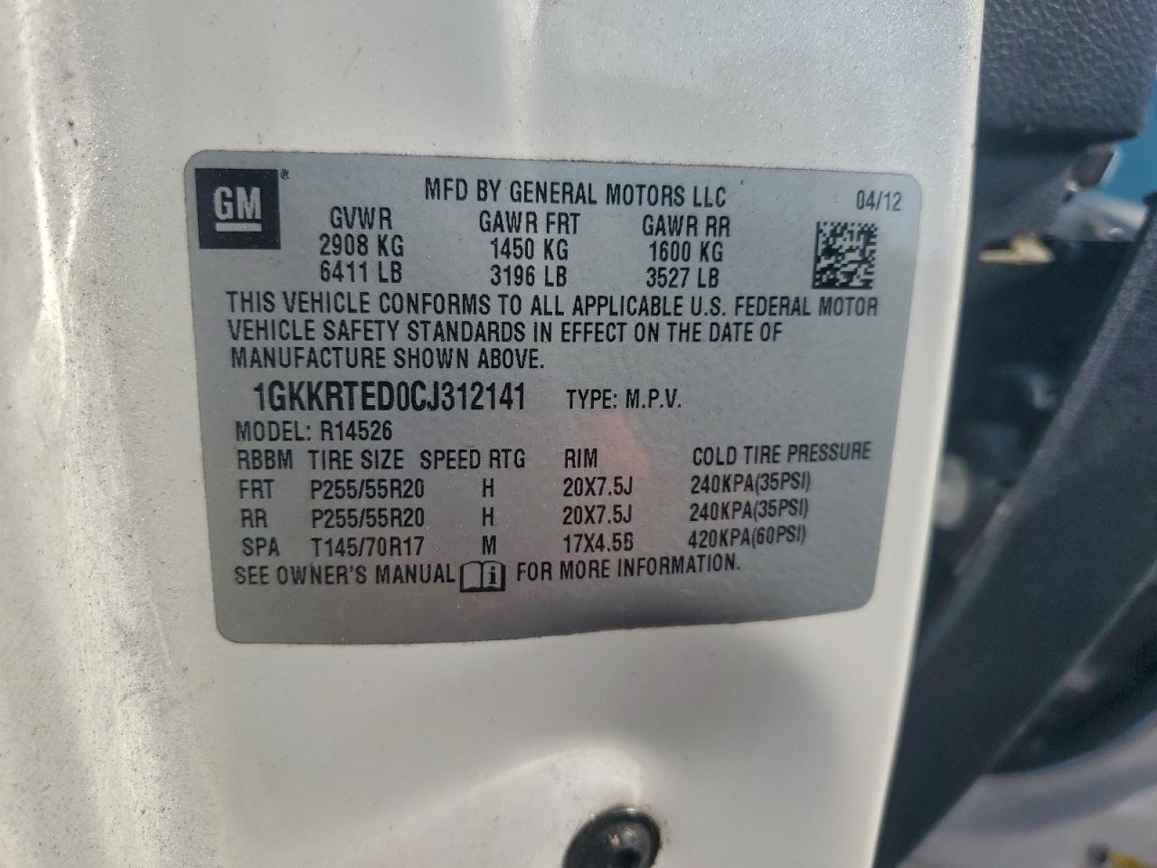 2012 GMC Acadia Denali VIN: 1GKKRTED0CJ312141 Lot: 93730115