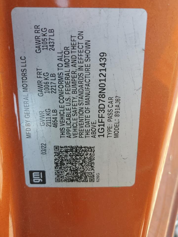 2022 Chevrolet Camaro Lt1 VIN: 1G1FF3D78N0121439 Lot: 93297365