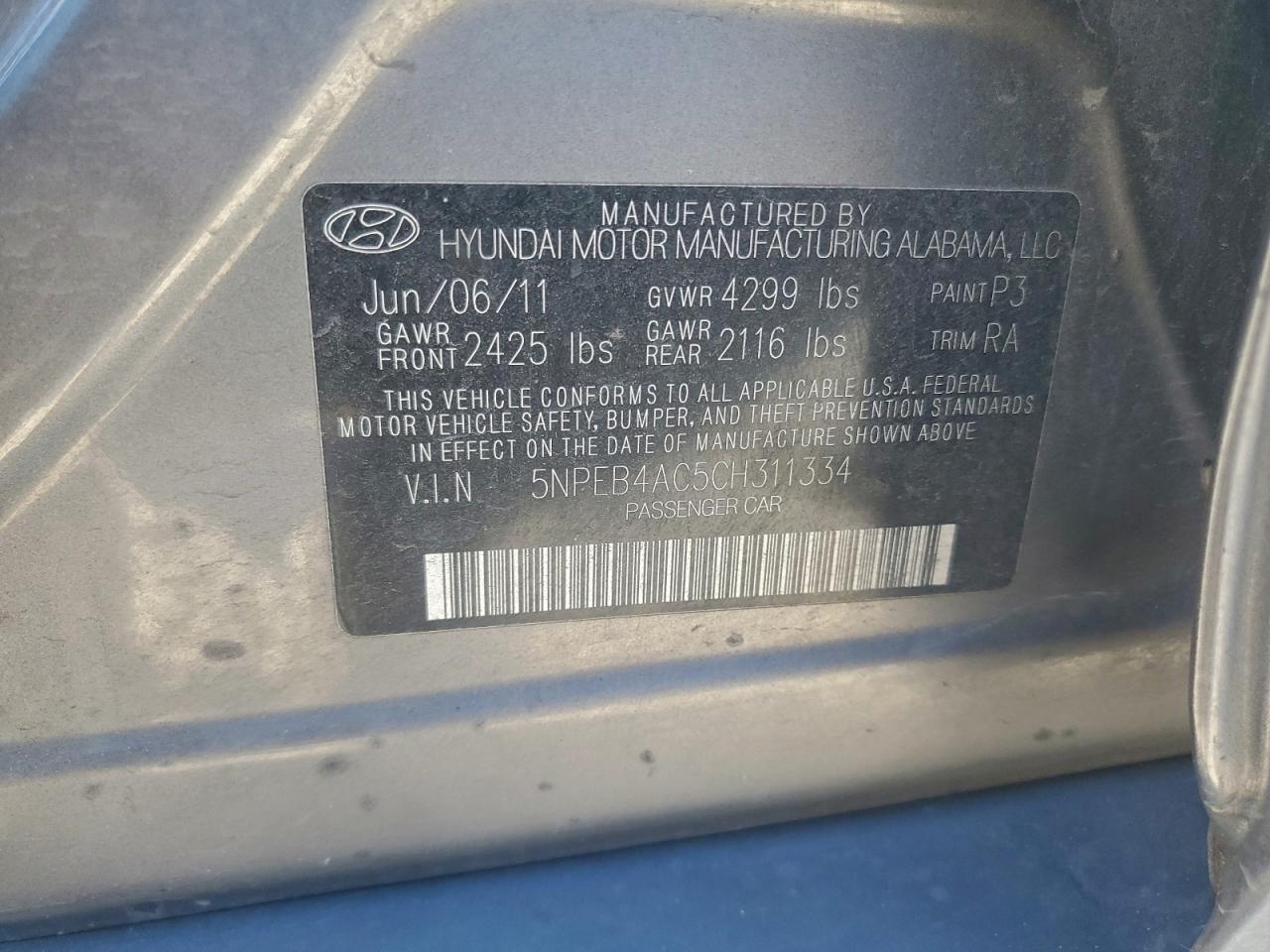 2012 Hyundai Sonata Gls VIN: 5NPEB4AC5CH311334 Lot: 94888395