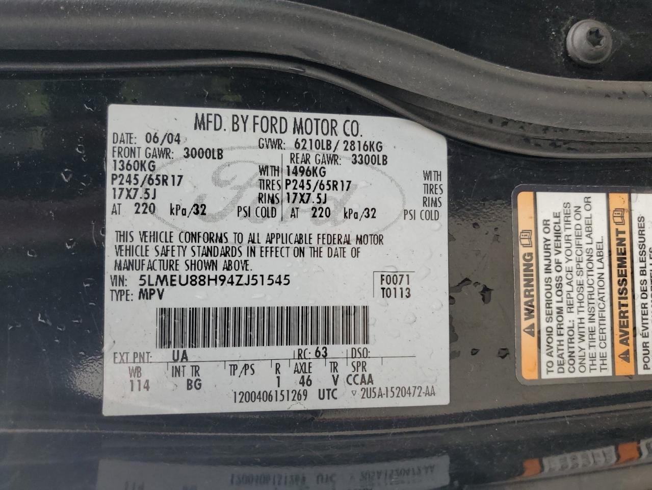 2004 Lincoln Aviator VIN: 5LMEU88H94ZJ51545 Lot: 91057145