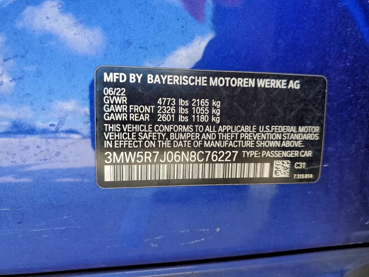 2022 BMW 330Xi VIN: 3MW5R7J06N8C76227 Lot: 93815315