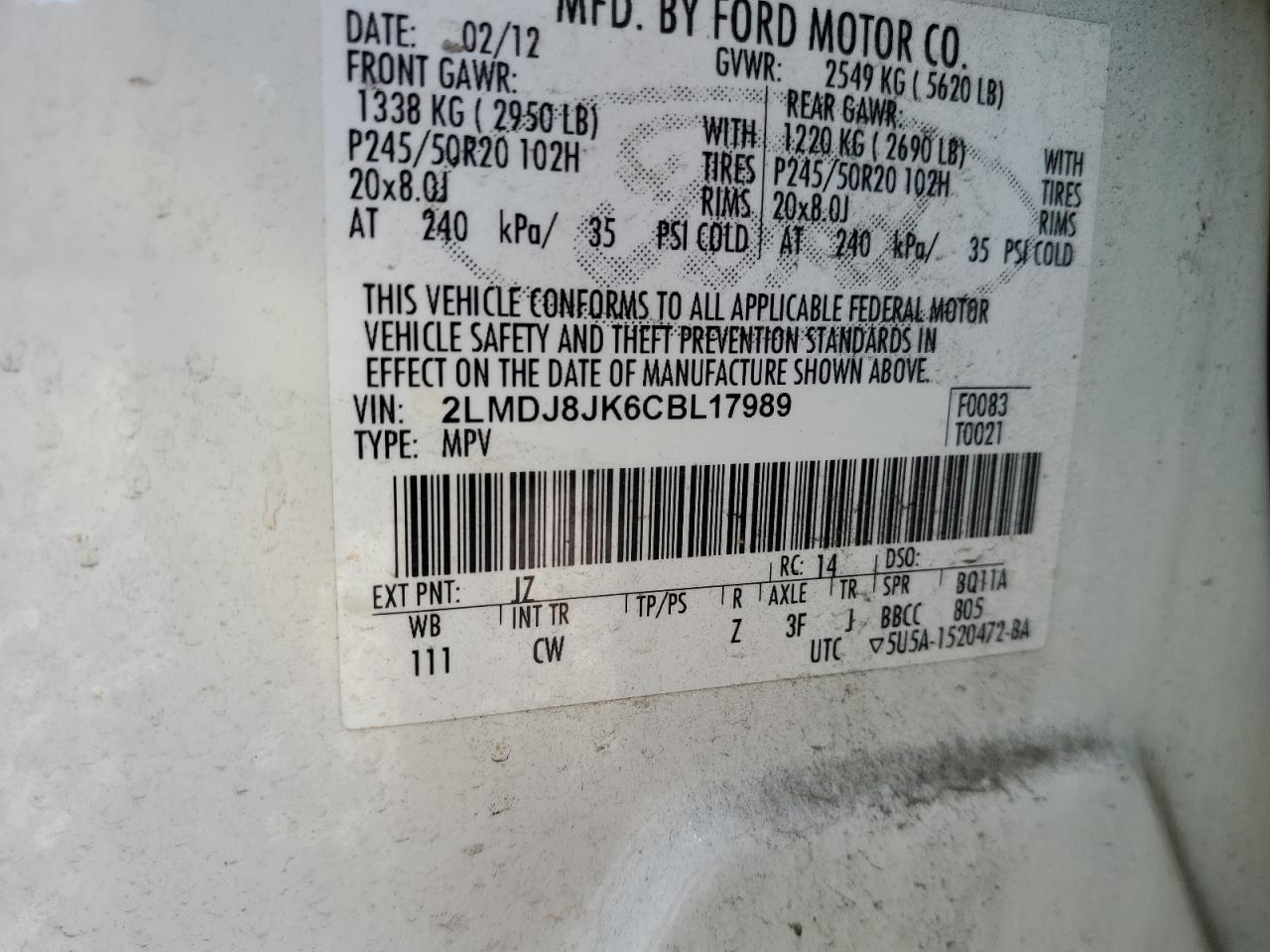 2012 Lincoln Mkx VIN: 2LMDJ8JK6CBL17989 Lot: 93222595