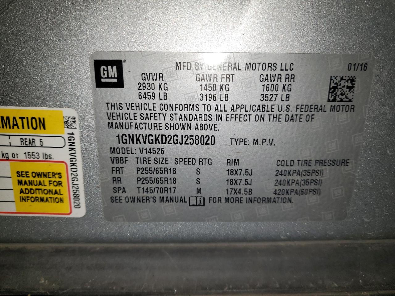 2016 Chevrolet Traverse Lt VIN: 1GNKVGKD2GJ258020 Lot: 91524985