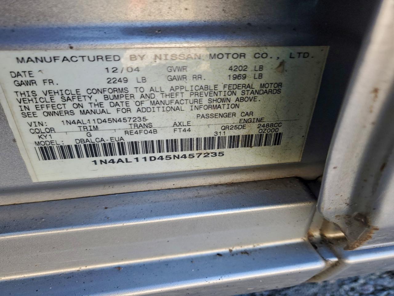 2005 Nissan Altima S VIN: 1N4AL11D45N457235 Lot: 93688655