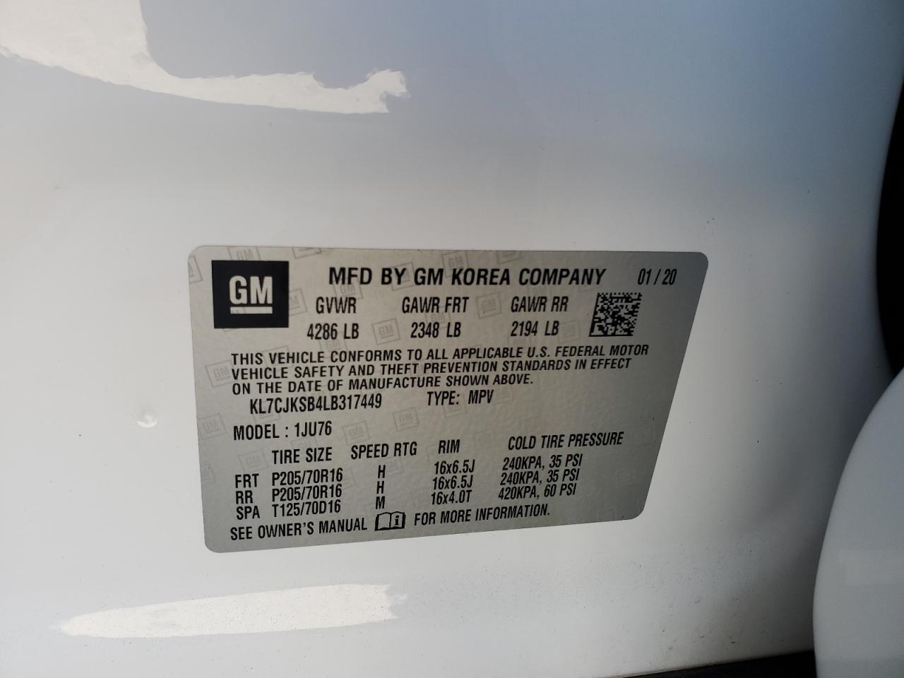 2020 Chevrolet Trax Ls VIN: KL7CJKSB4LB317449 Lot: 92593755