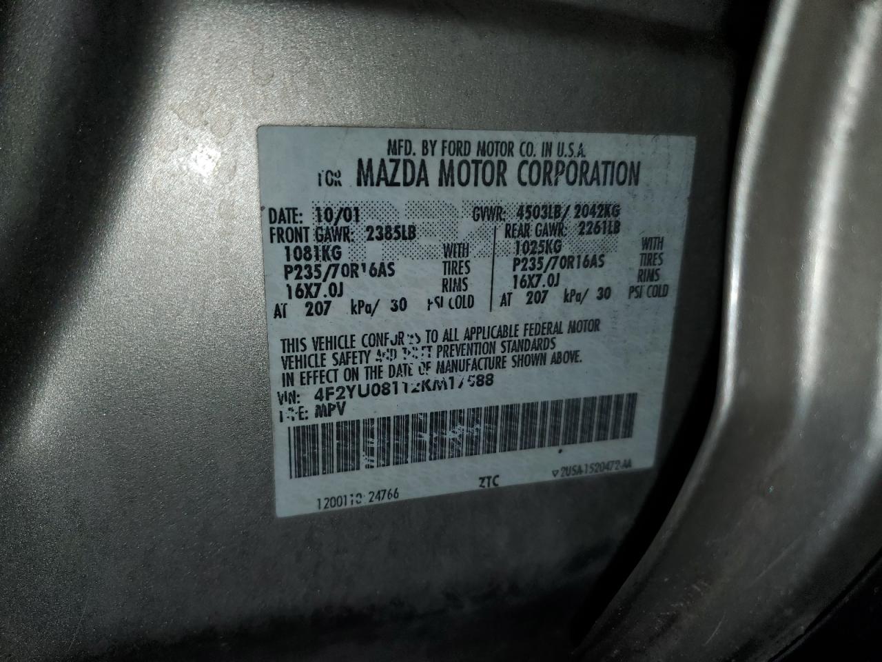 2002 Mazda Tribute Lx VIN: 4F2YU08112KM17588 Lot: 93287975