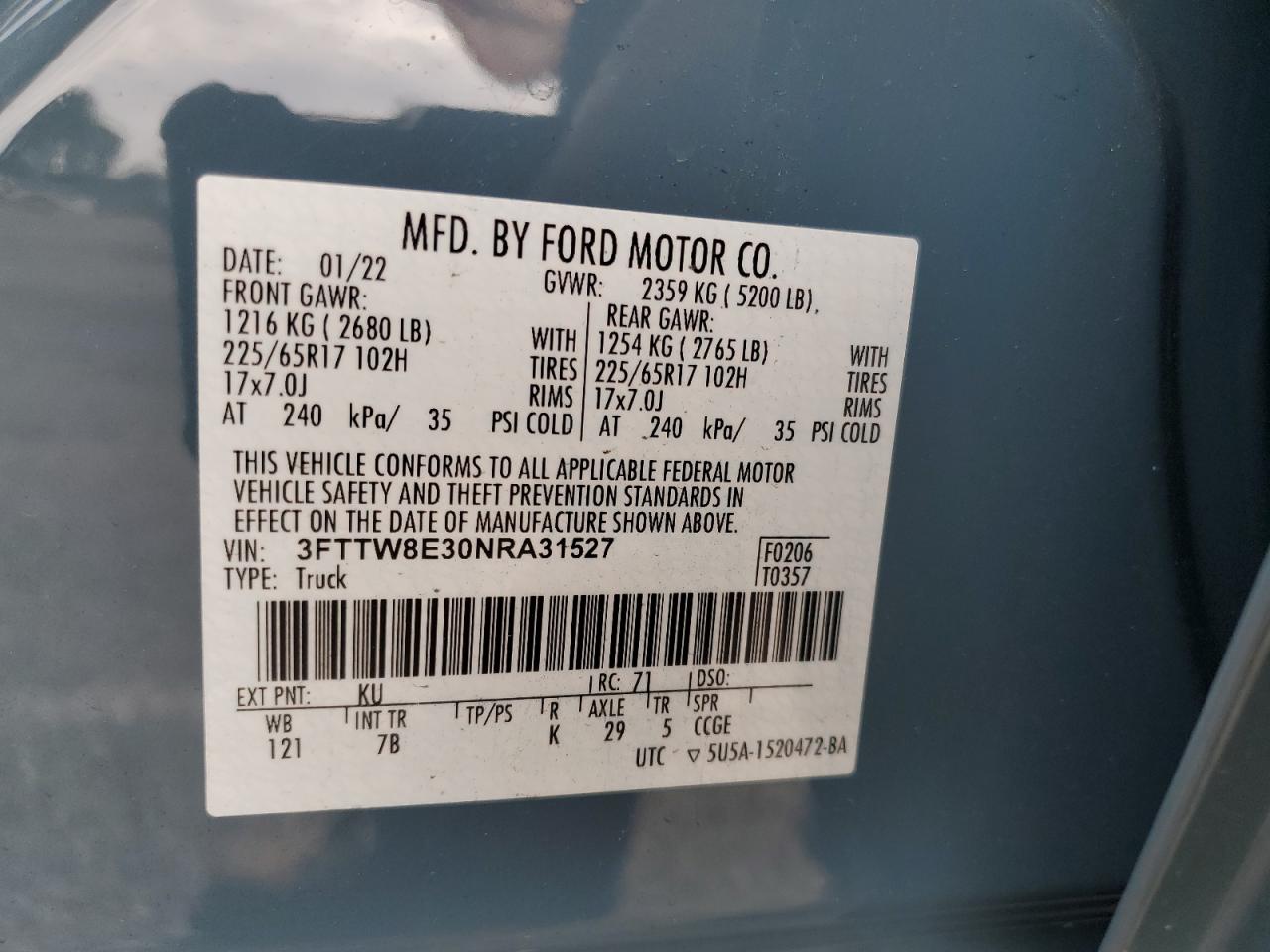 2022 Ford Maverick Xl VIN: 3FTTW8E30NRA31527 Lot: 93761315