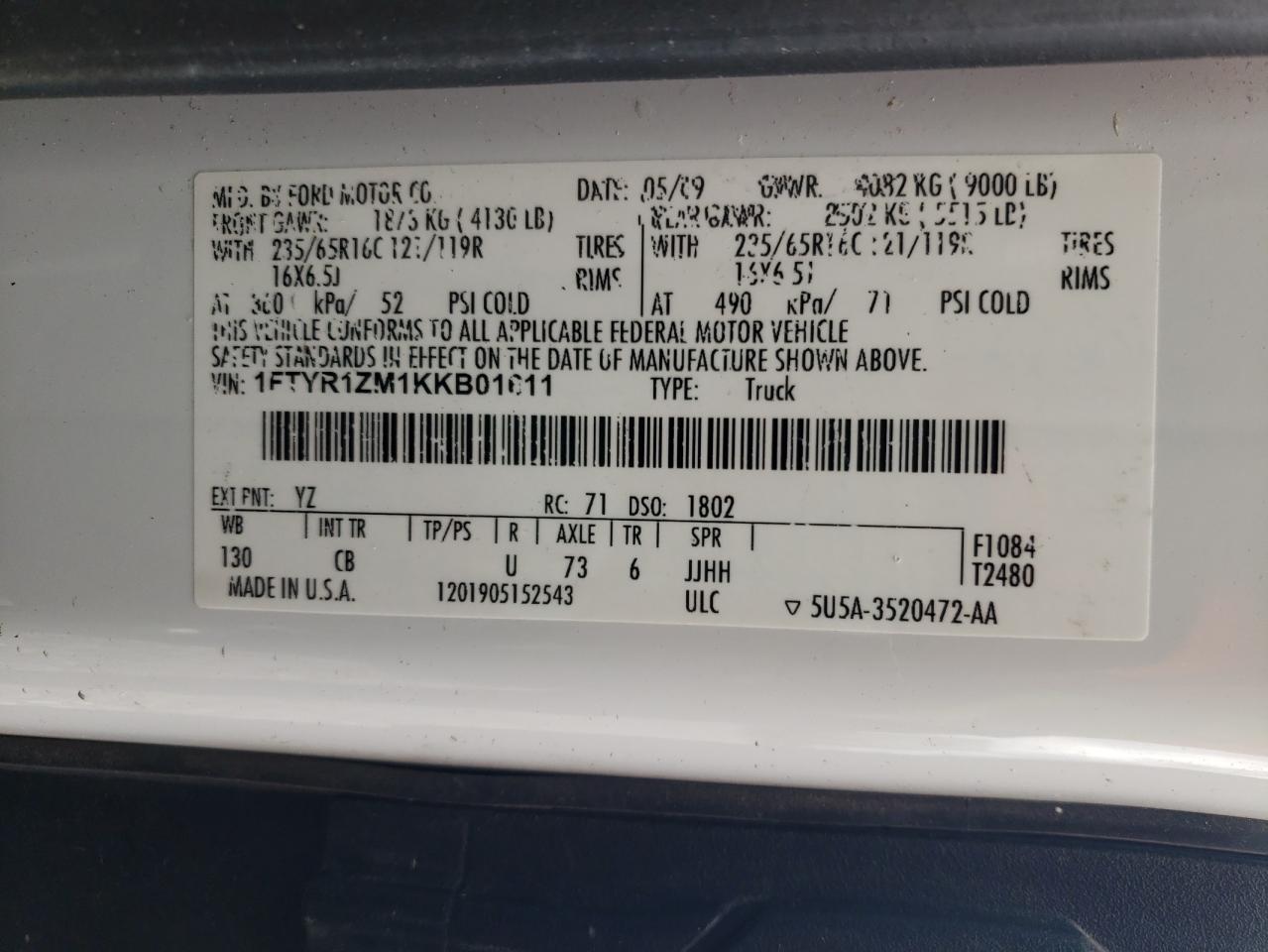 2019 Ford Transit 250 Delivery Van VIN: 1FTYR1ZM1KKB01611 Lot: 90545975