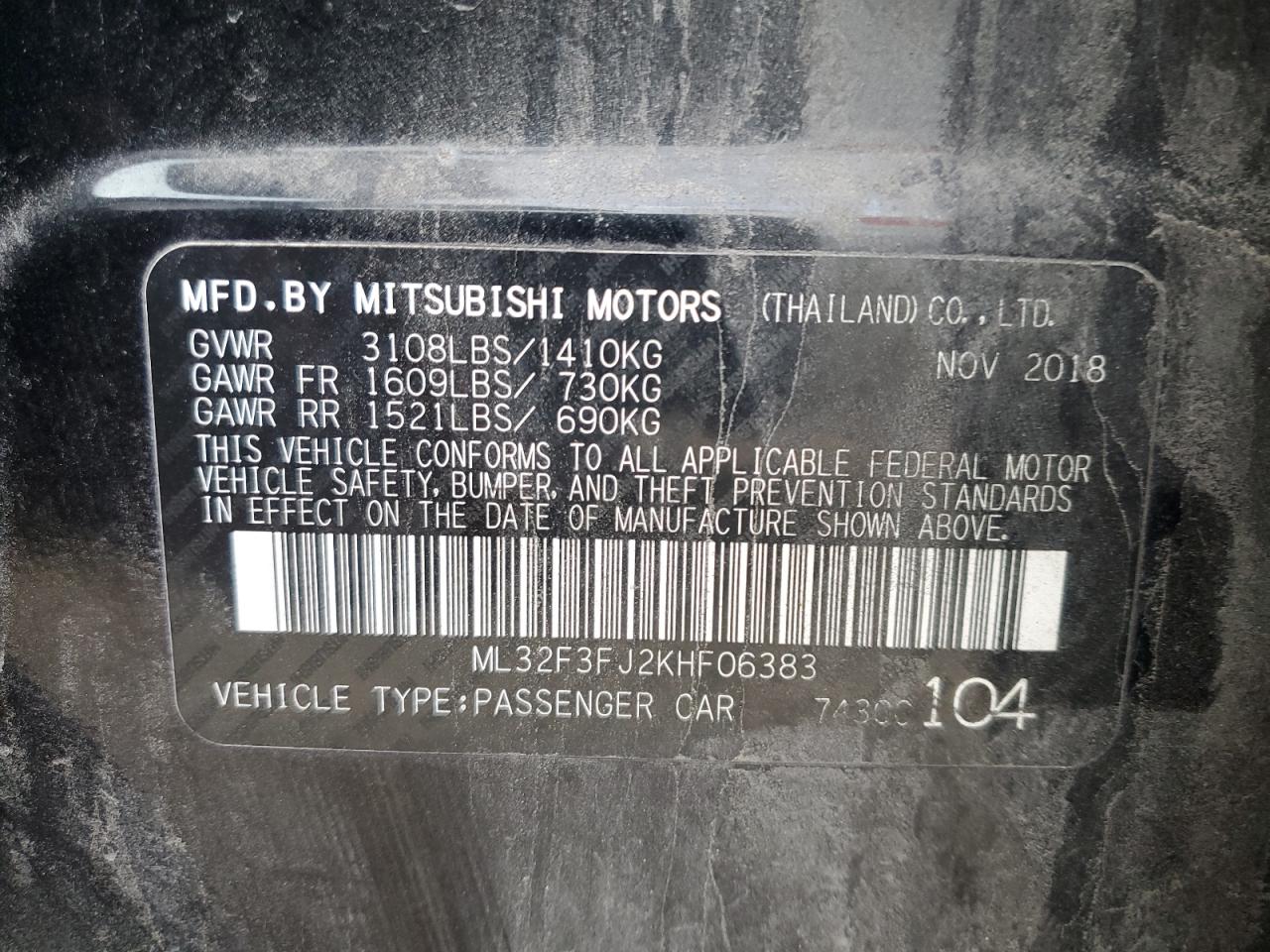 2019 Mitsubishi Mirage G4 Es VIN: ML32F3FJ2KHF06383 Lot: 92100315