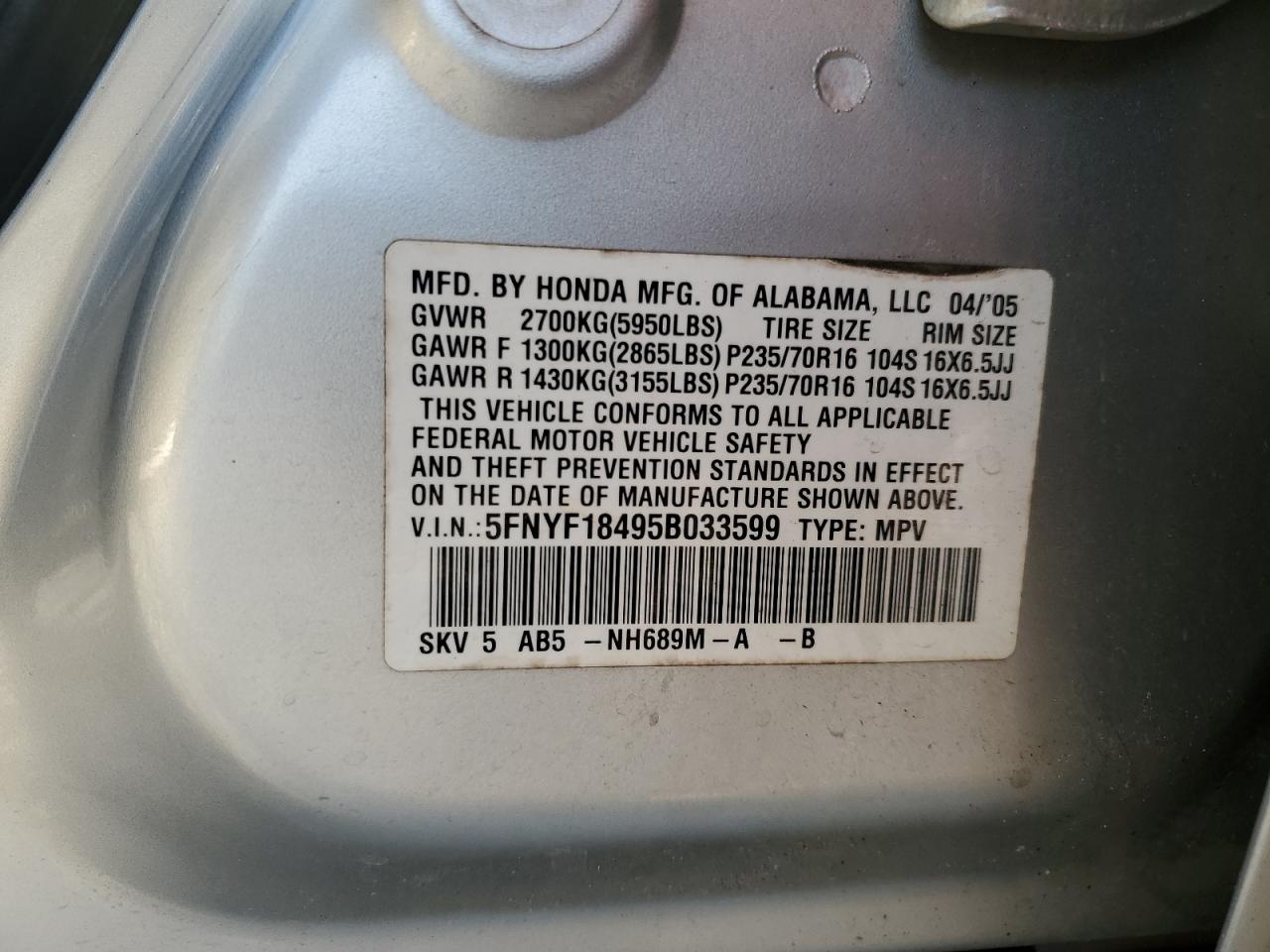 2005 Honda Pilot Ex VIN: 5FNYF18495B033599 Lot: 91942885