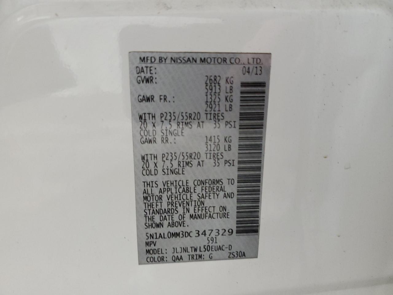 2013 Infiniti Jx35 VIN: 5N1AL0MM3DC347329 Lot: 93294615