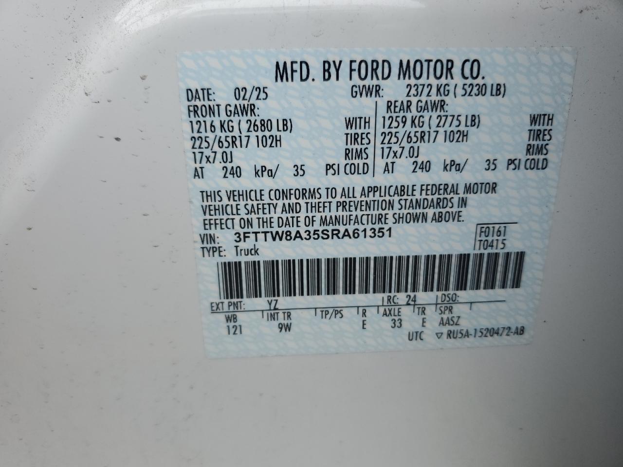 2025 Ford Maverick Xl VIN: 3FTTW8A35SRA61351 Lot: 93302915