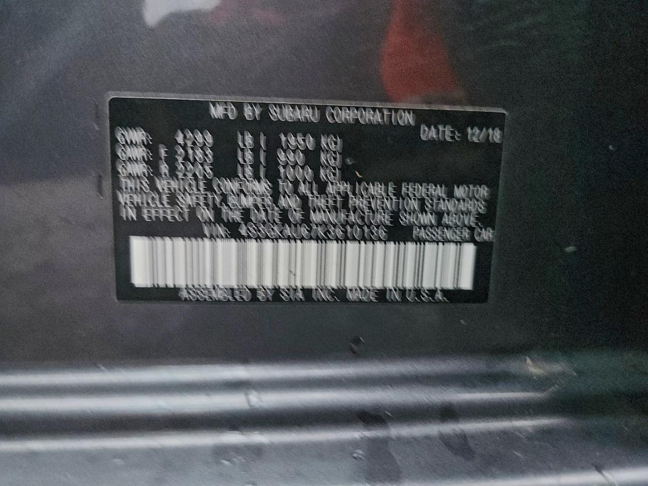 2019 Subaru Impreza Limited VIN: 4S3GKAU67K3610136 Lot: 93921635