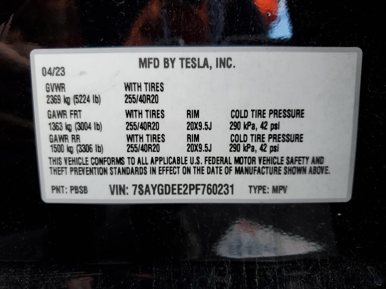 2023 Tesla Model Y VIN: 7SAYGDEE2PF760231 Lot: 93517345