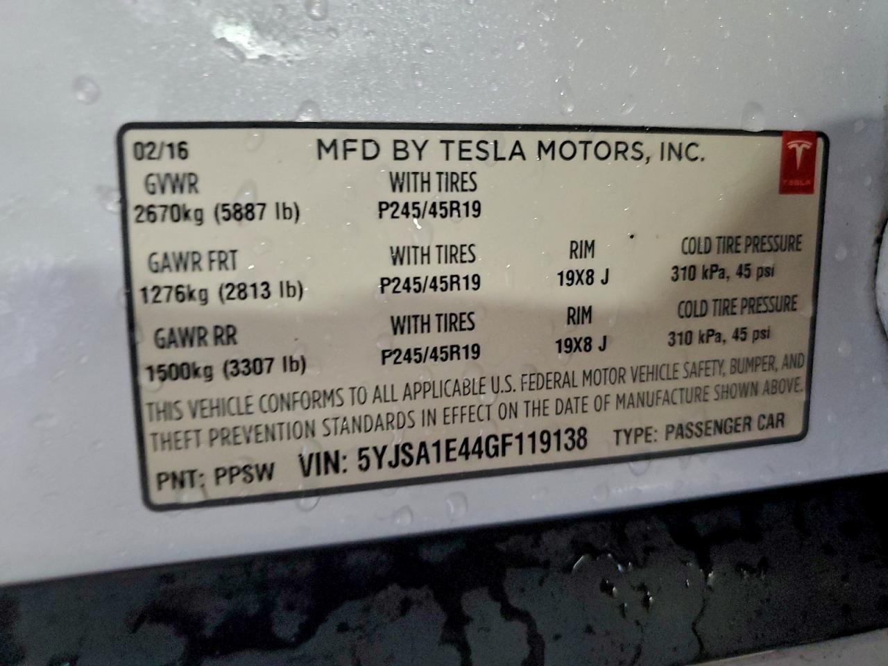 2016 Tesla Model S VIN: 5YJSA1E44GF119138 Lot: 93722465