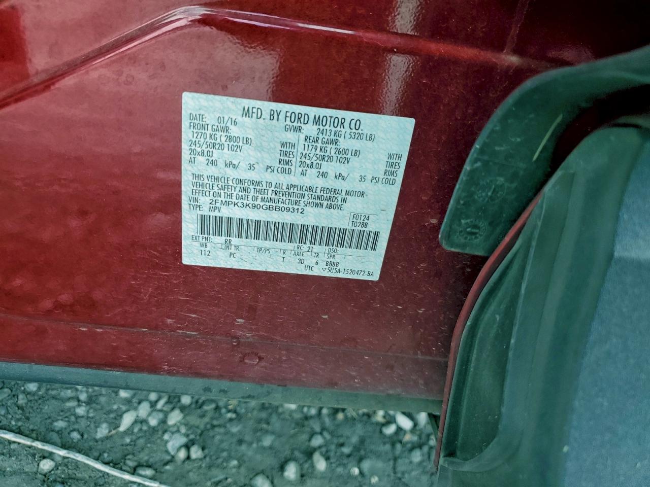 2016 Ford Edge Titanium VIN: 2FMPK3K90GBB09312 Lot: 94775415