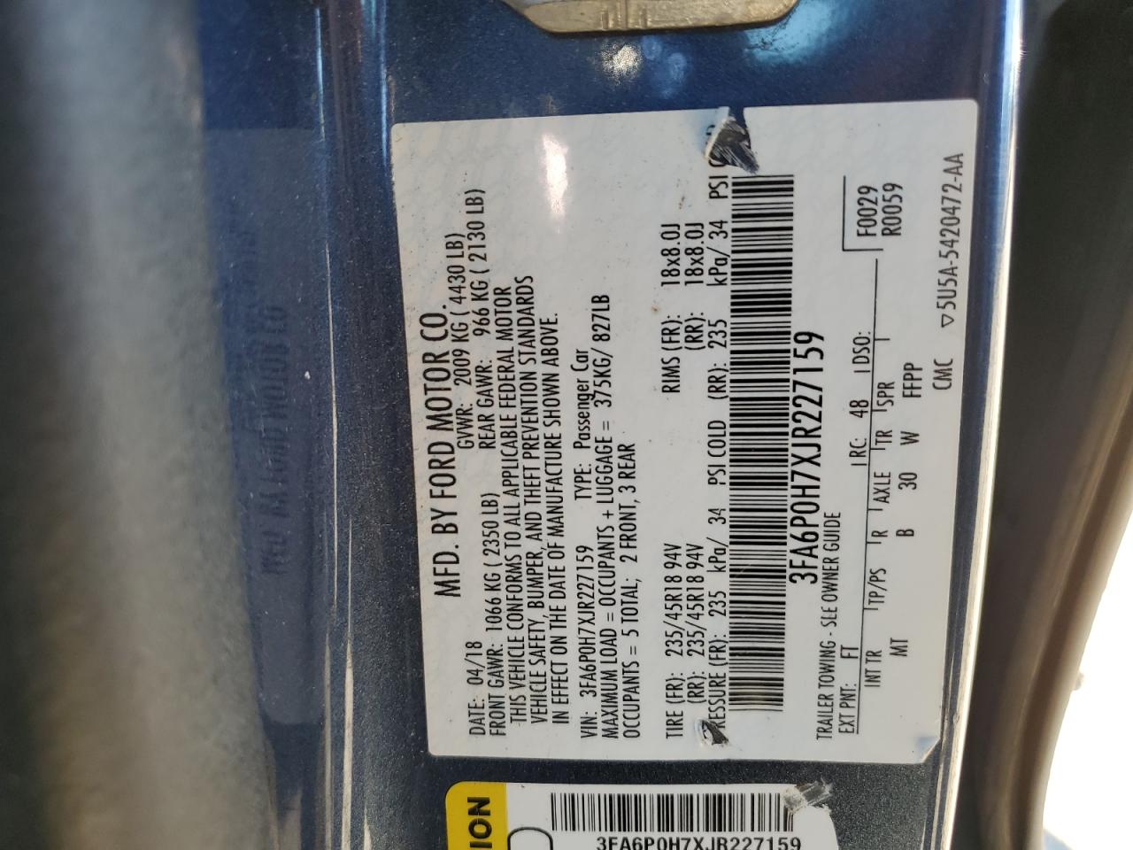 2018 Ford Fusion Se VIN: 3FA6P0H7XJR227159 Lot: 91496245