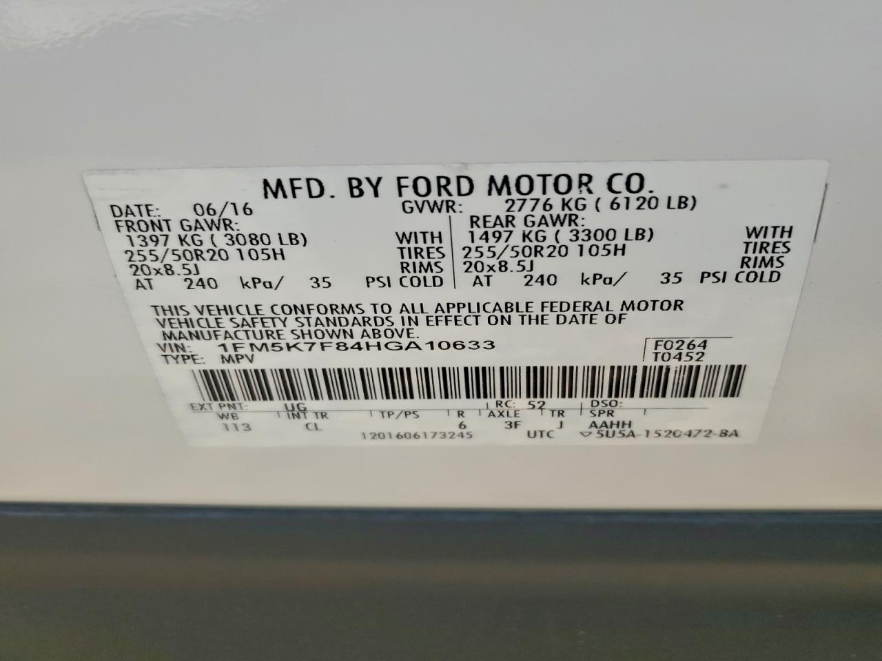 2017 Ford Explorer Limited VIN: 1FM5K7F84HGA10633 Lot: 94337185