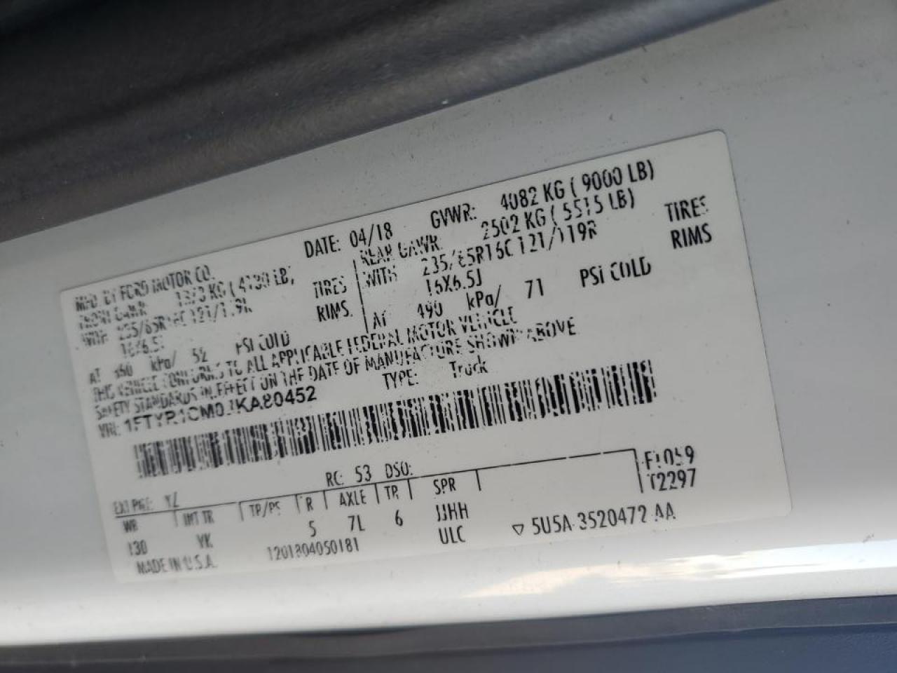 2018 Ford Transit T-250 Delivery Van VIN: 1FTYR1CM0JKA80452 Lot: 92834165