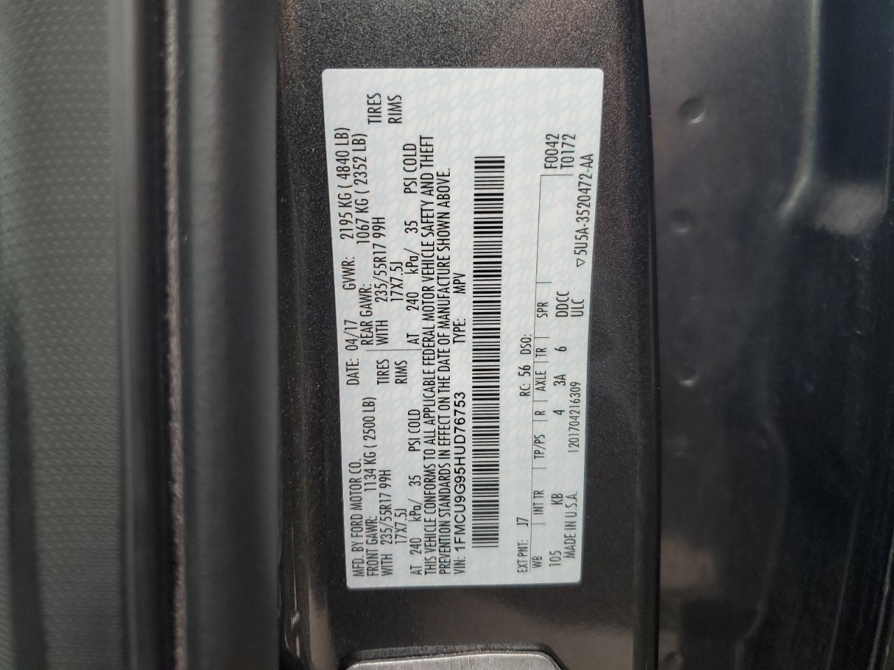 2017 Ford Escape Se VIN: 1FMCU9G95HUD76753 Lot: 93083135