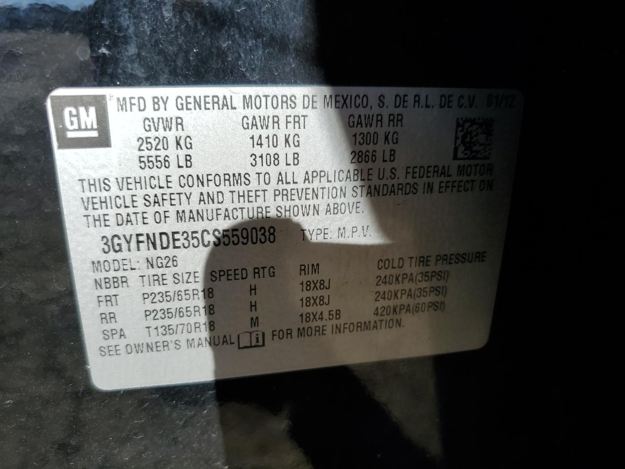 2012 Cadillac Srx Luxury Collection VIN: 3GYFNDE35CS559038 Lot: 93059675