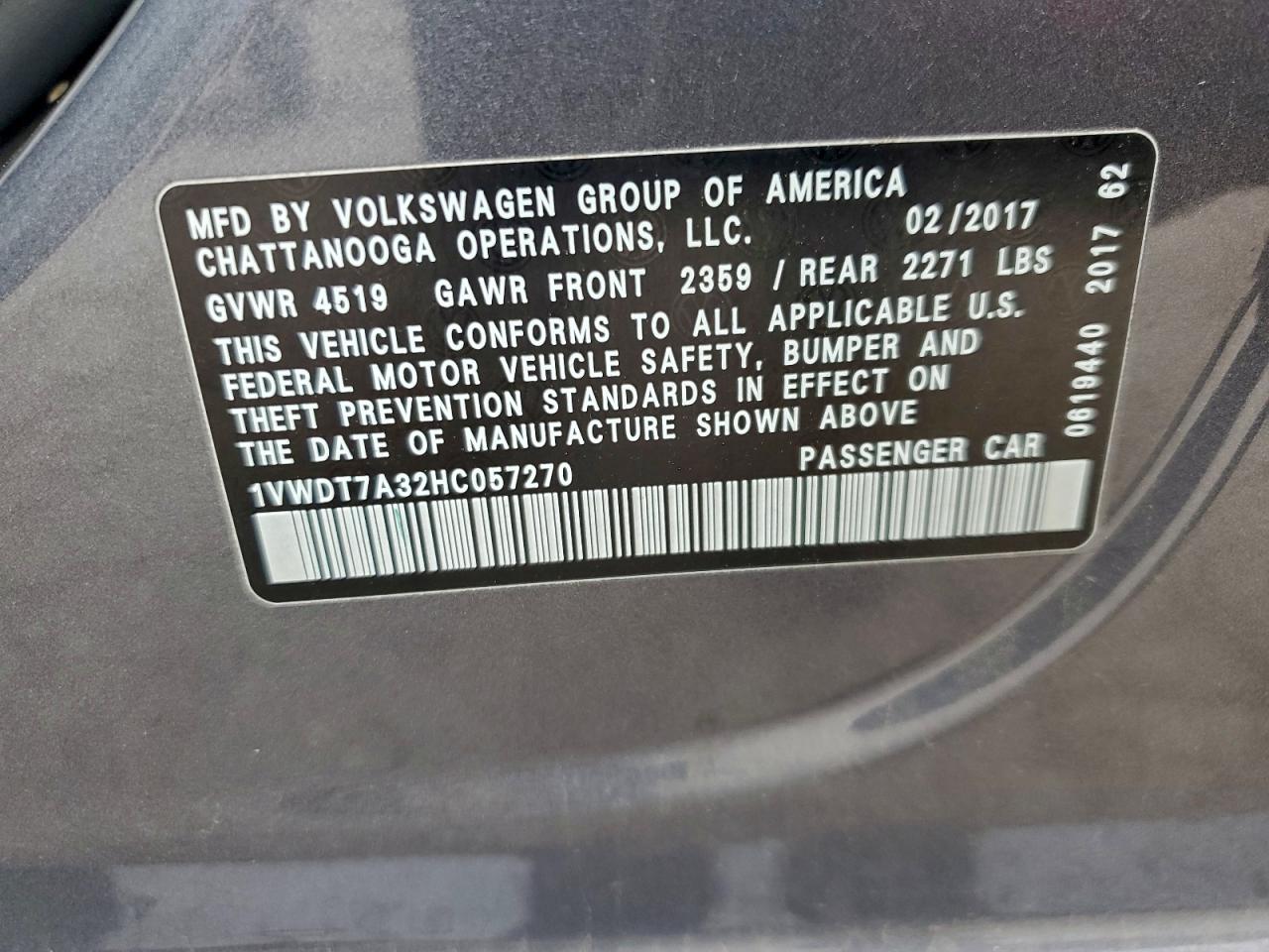 2017 Volkswagen Passat R-Line VIN: 1VWDT7A32HC057270 Lot: 93927365