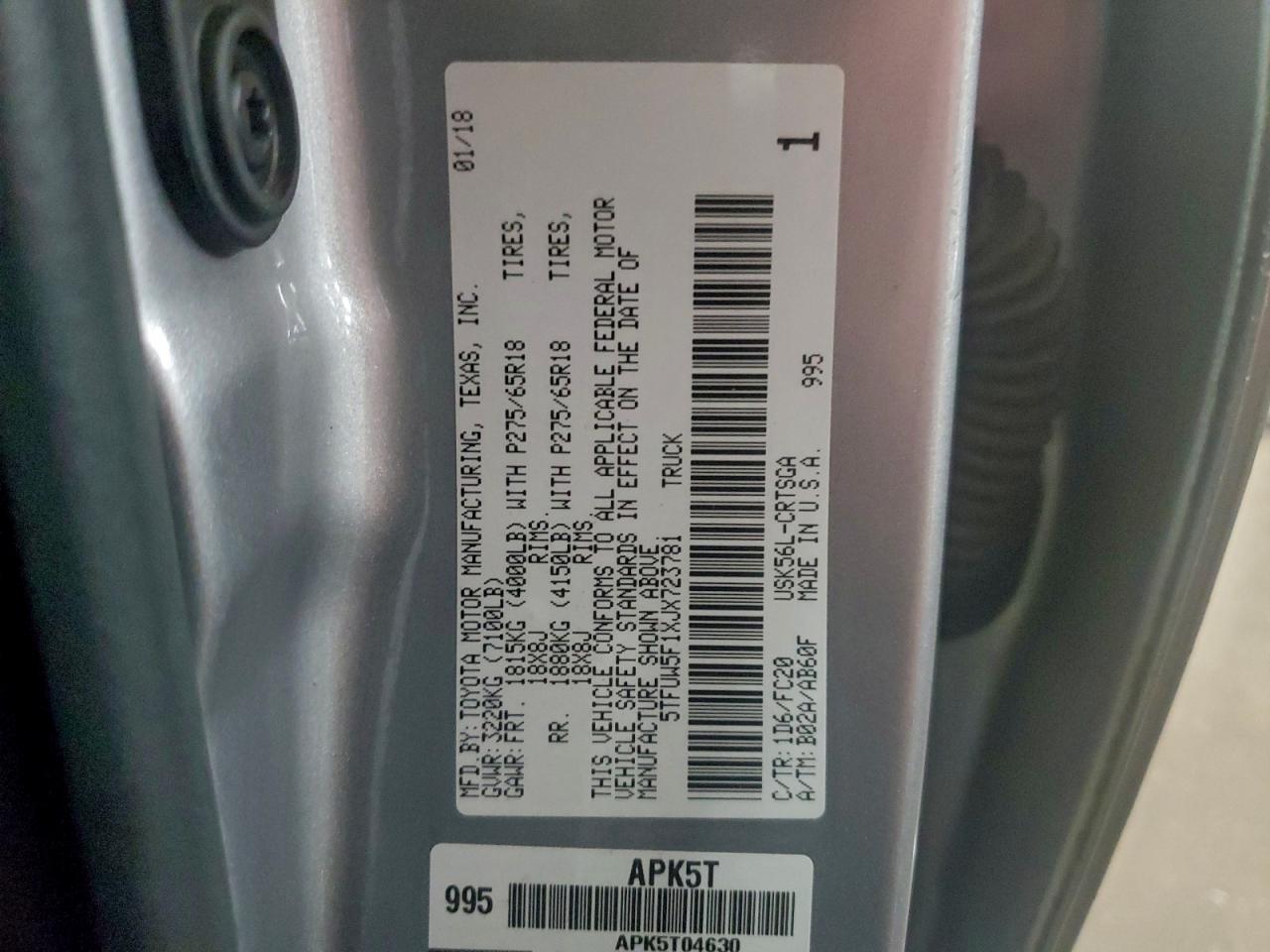 2018 Toyota Tundra Double Cab Sr VIN: 5TFUW5F1XJX723781 Lot: 93260715