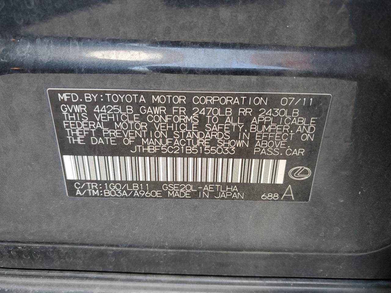 2011 Lexus Is 250 VIN: JTHBF5C21B5155033 Lot: 90730235