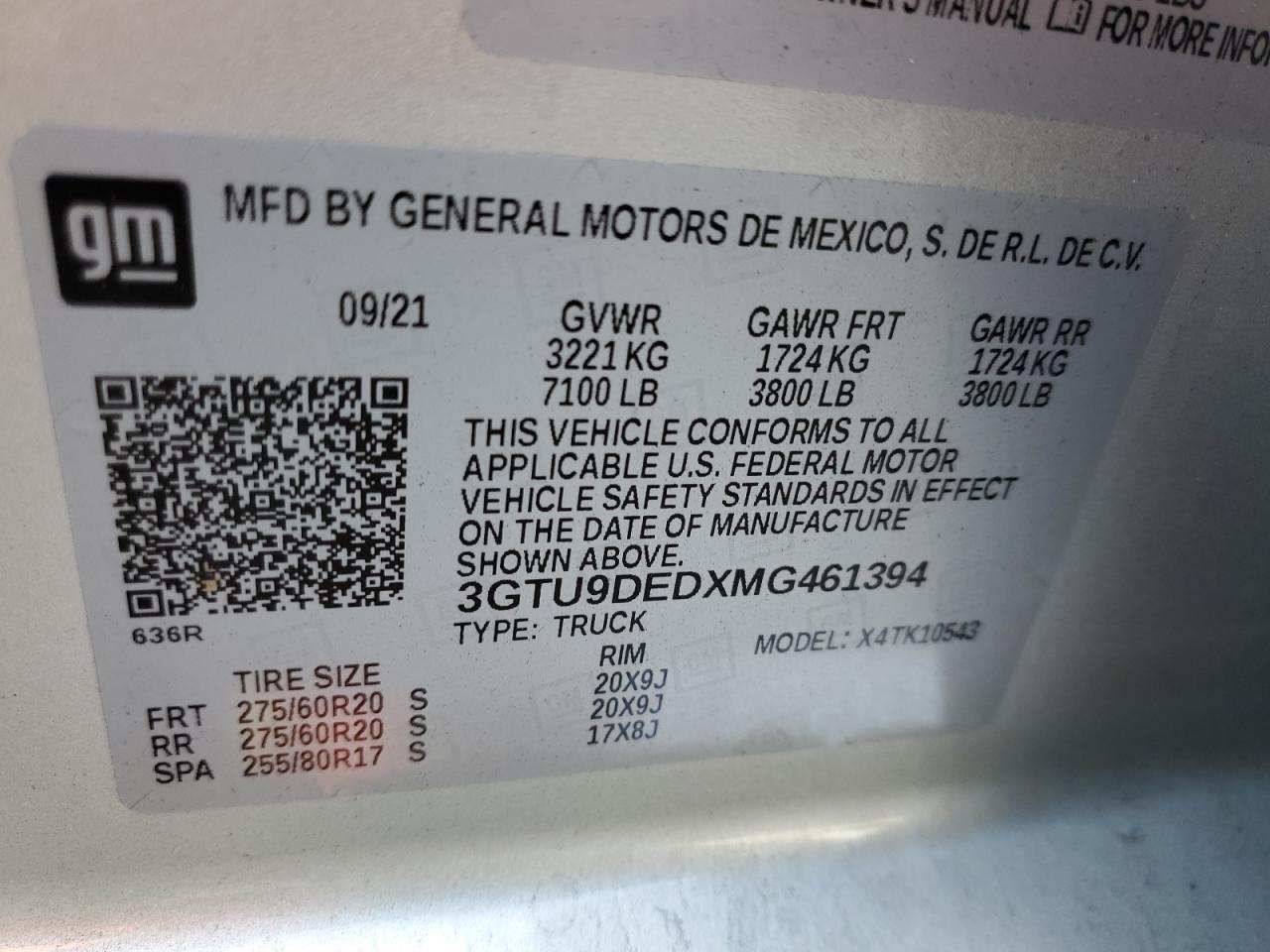 2021 GMC Sierra K1500 Slt VIN: 3GTU9DEDXMG461394 Lot: 92200325