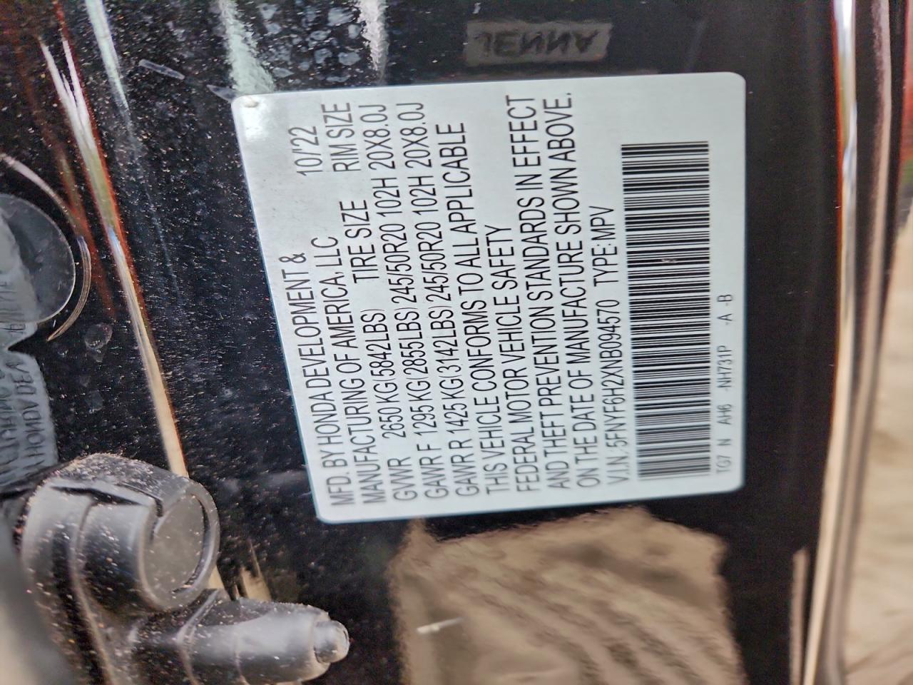 2022 Honda Pilot Se VIN: 5FNYF6H2XNB094570 Lot: 94396255