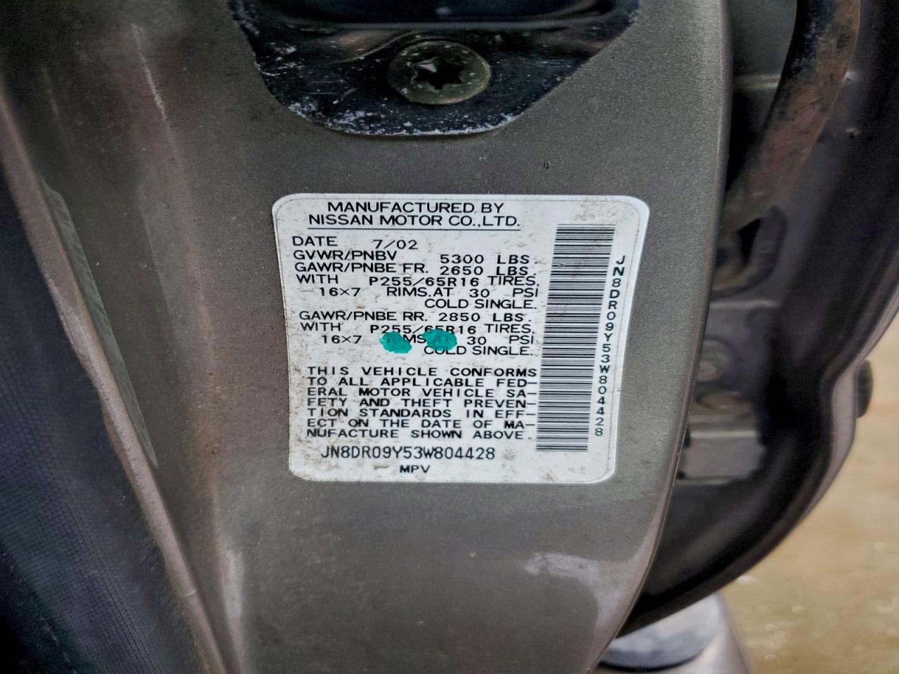 2003 Nissan Pathfinder Le VIN: JN8DR09Y53W804428 Lot: 94104905