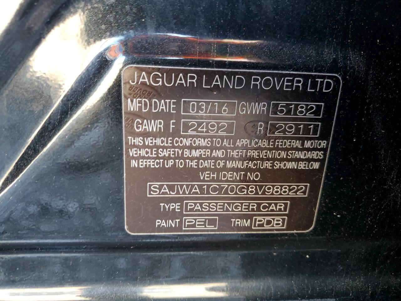 2016 Jaguar Xj VIN: SAJWA1C70G8V98822 Lot: 91027125