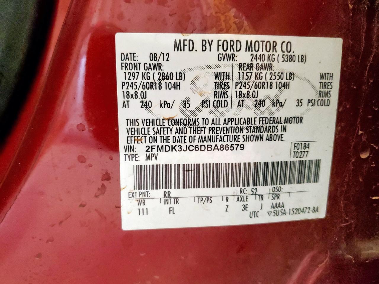 2013 Ford Edge Sel VIN: 2FMDK3JC6DBA86579 Lot: 92762315