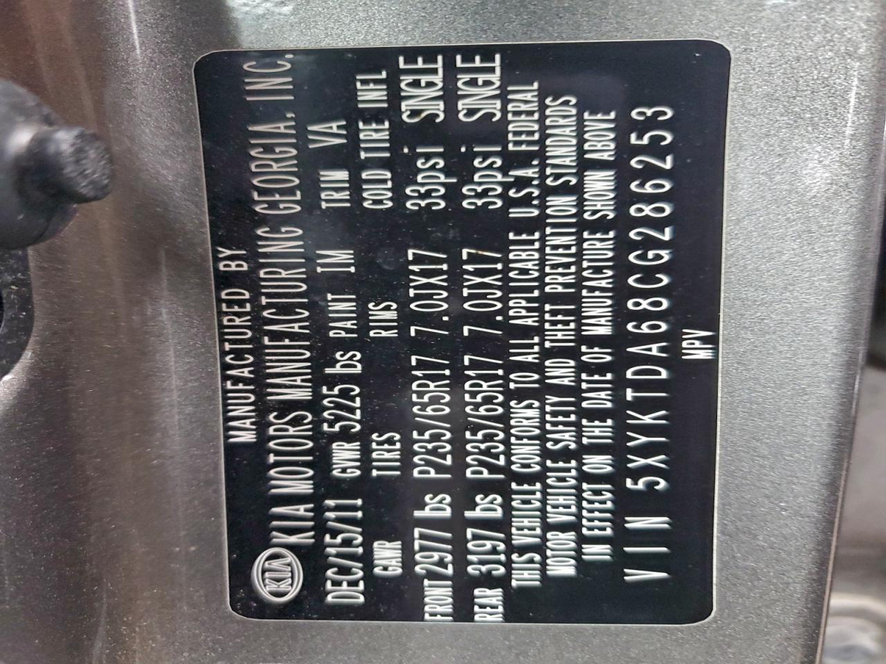 2012 Kia Sorento Base VIN: 5XYKTDA68CG286253 Lot: 94152025