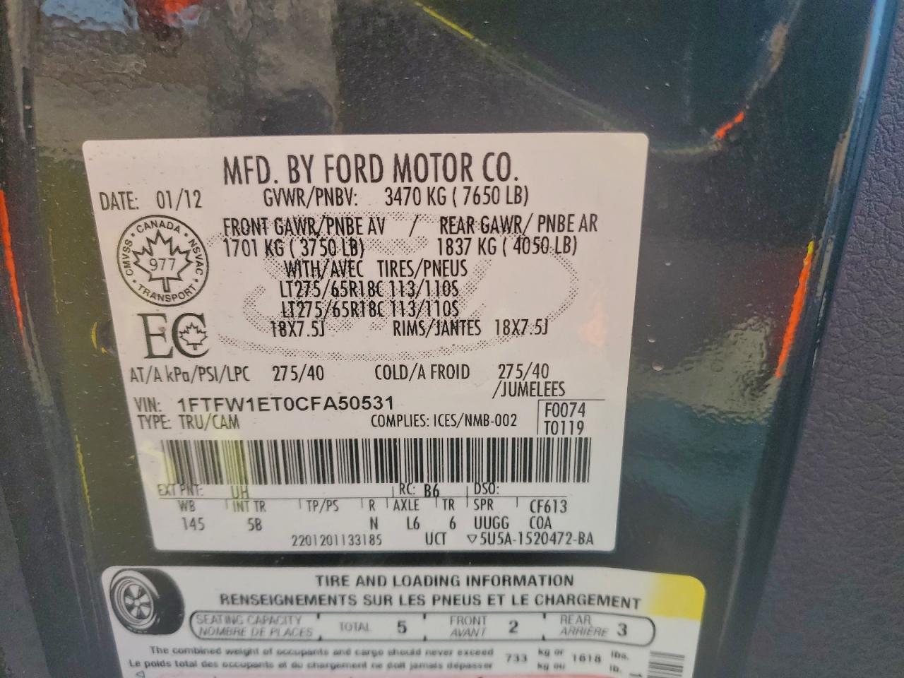 2012 Ford F150 Supercrew VIN: 1FTFW1ET0CFA50531 Lot: 94262575