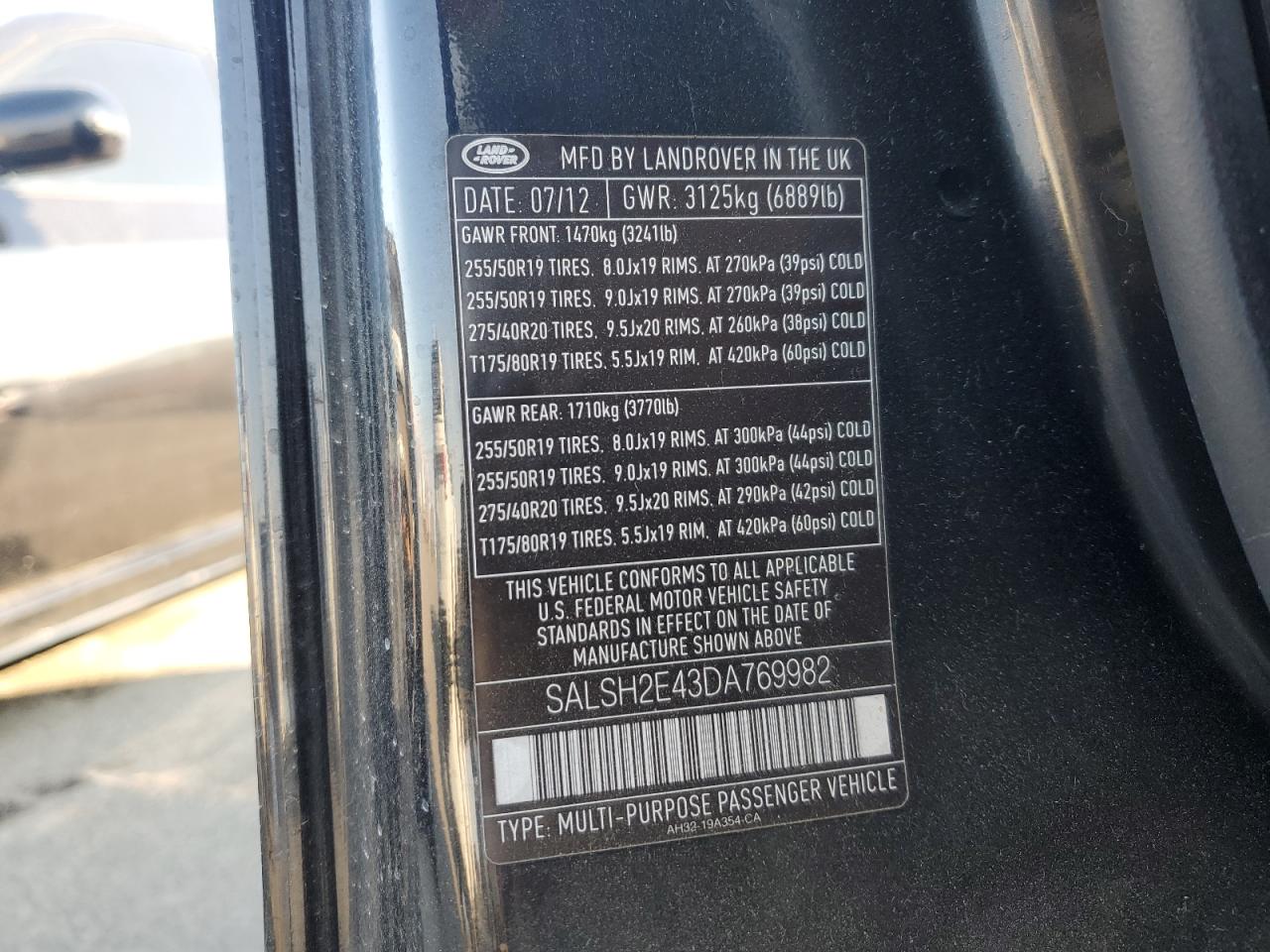 2013 Land Rover Range Rover Sport Sc VIN: SALSH2E43DA769982 Lot: 93478765