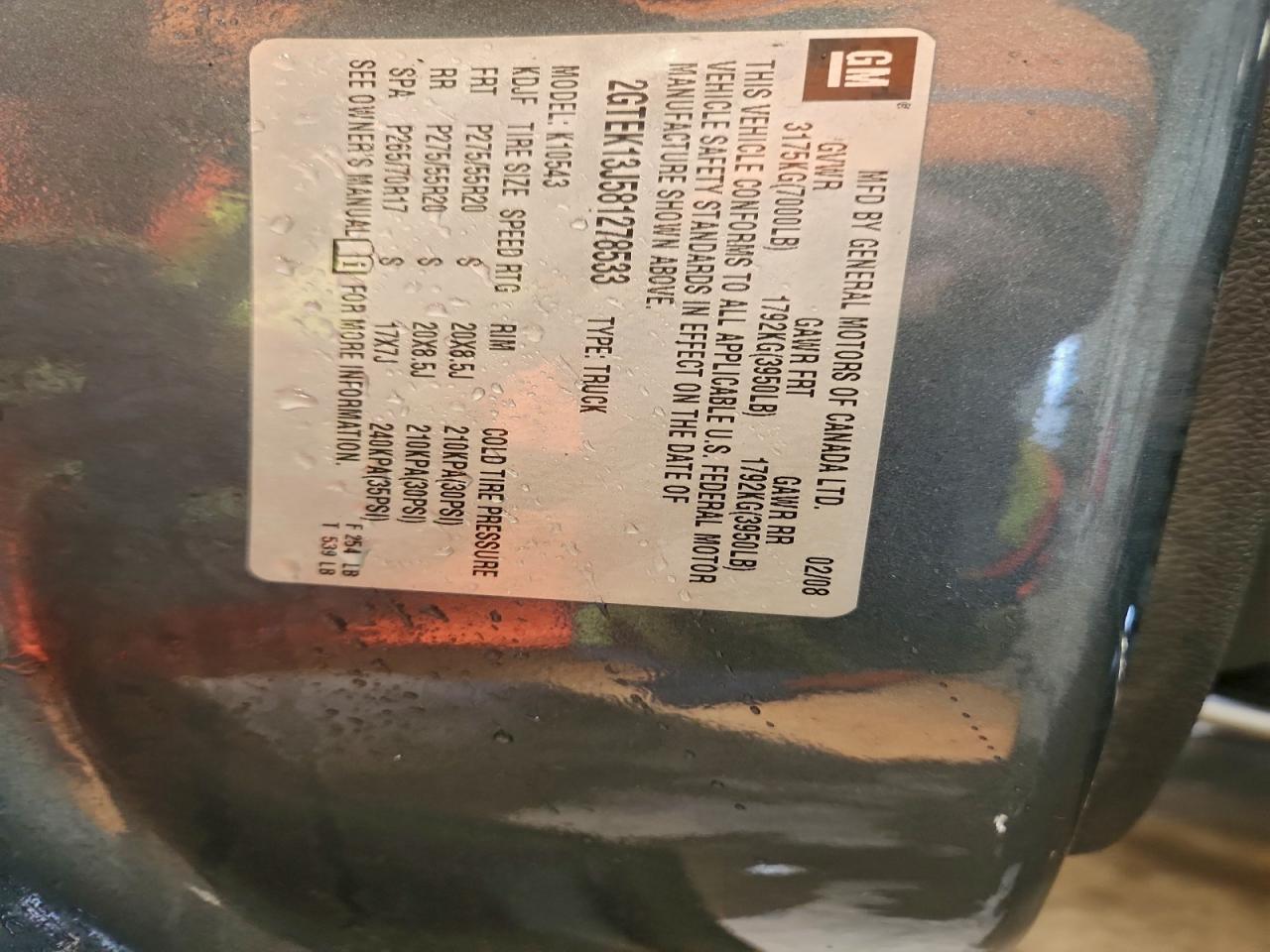 2008 GMC Sierra K1500 VIN: 2GTEK13J581278533 Lot: 94040075