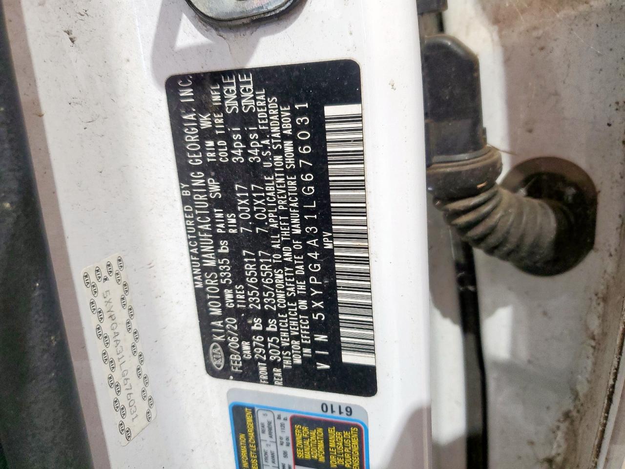 2020 Kia Sorento L VIN: 5XYPG4A31LG676031 Lot: 92239445