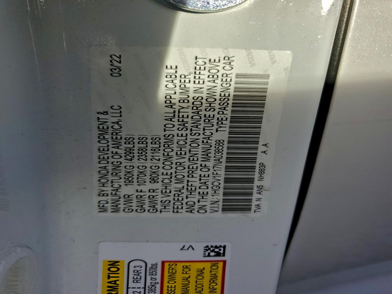 2022 Honda Accord Lx VIN: 1HGCV1F17NA038588 Lot: 94071975