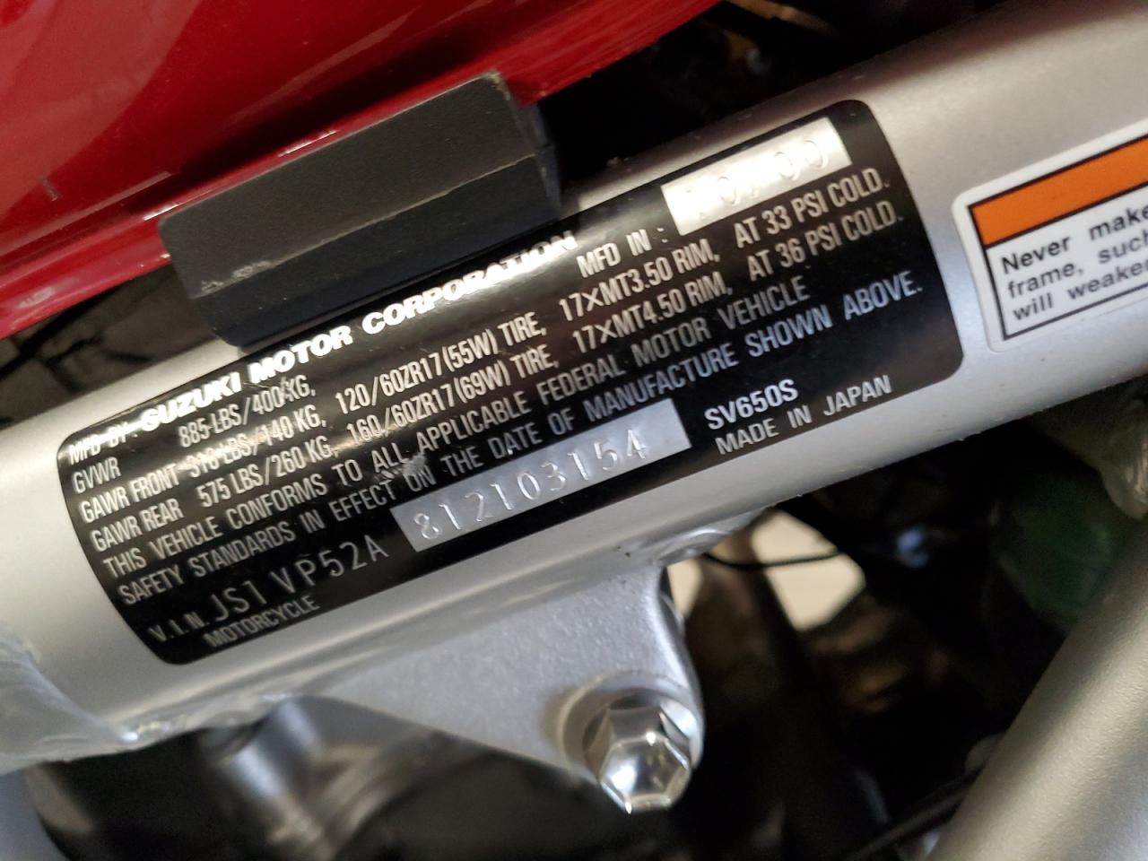 2001 Suzuki Sv650 S VIN: JS1VP52A812103154 Lot: 92111115
