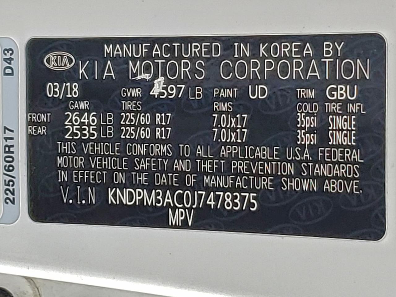 2018 Kia Sportage Lx VIN: KNDPM3AC0J7478375 Lot: 93885015