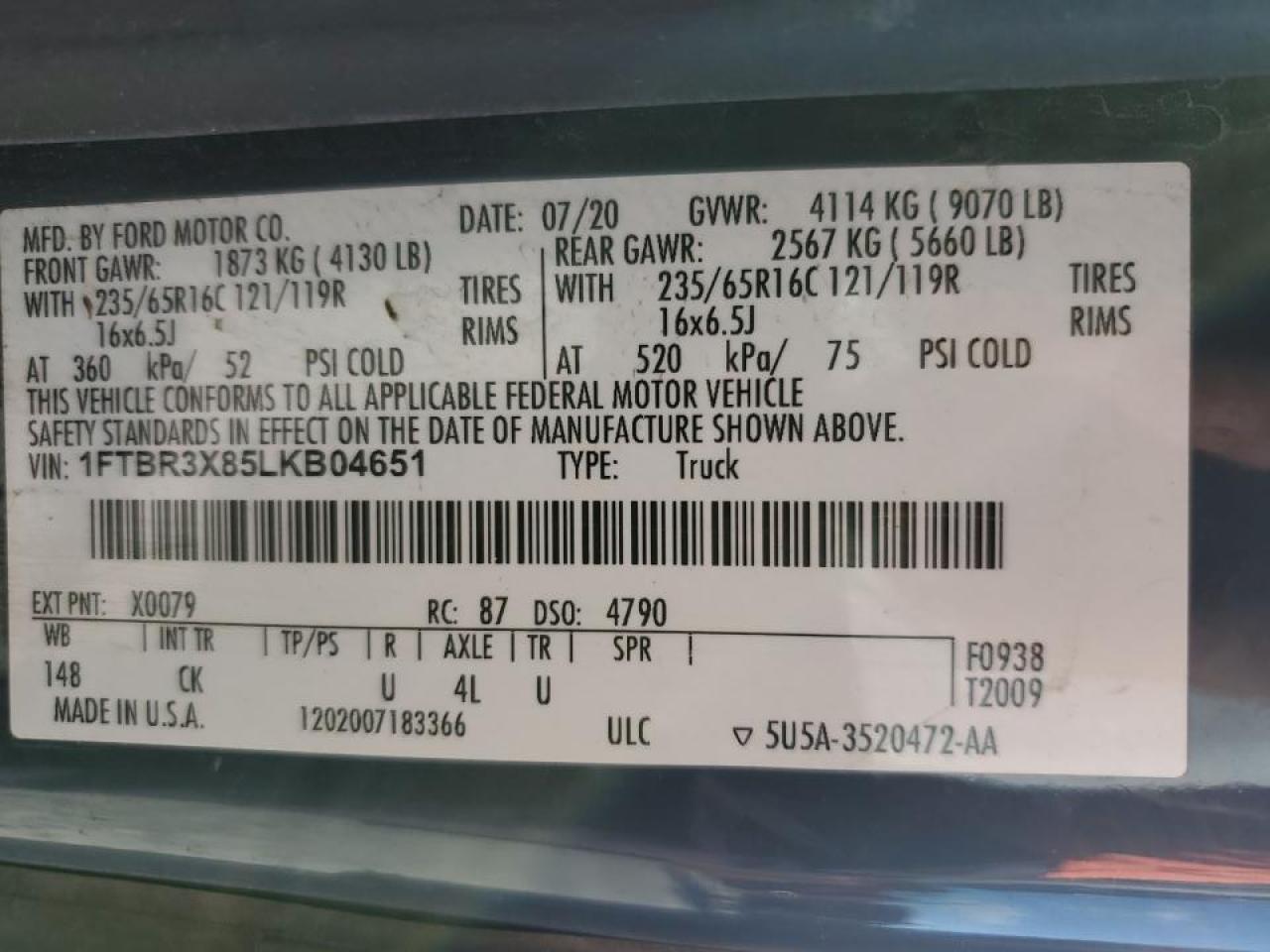 2020 Ford Transit Delivery Van VIN: 1FTBR3X85LKB04651 Lot: 90230735