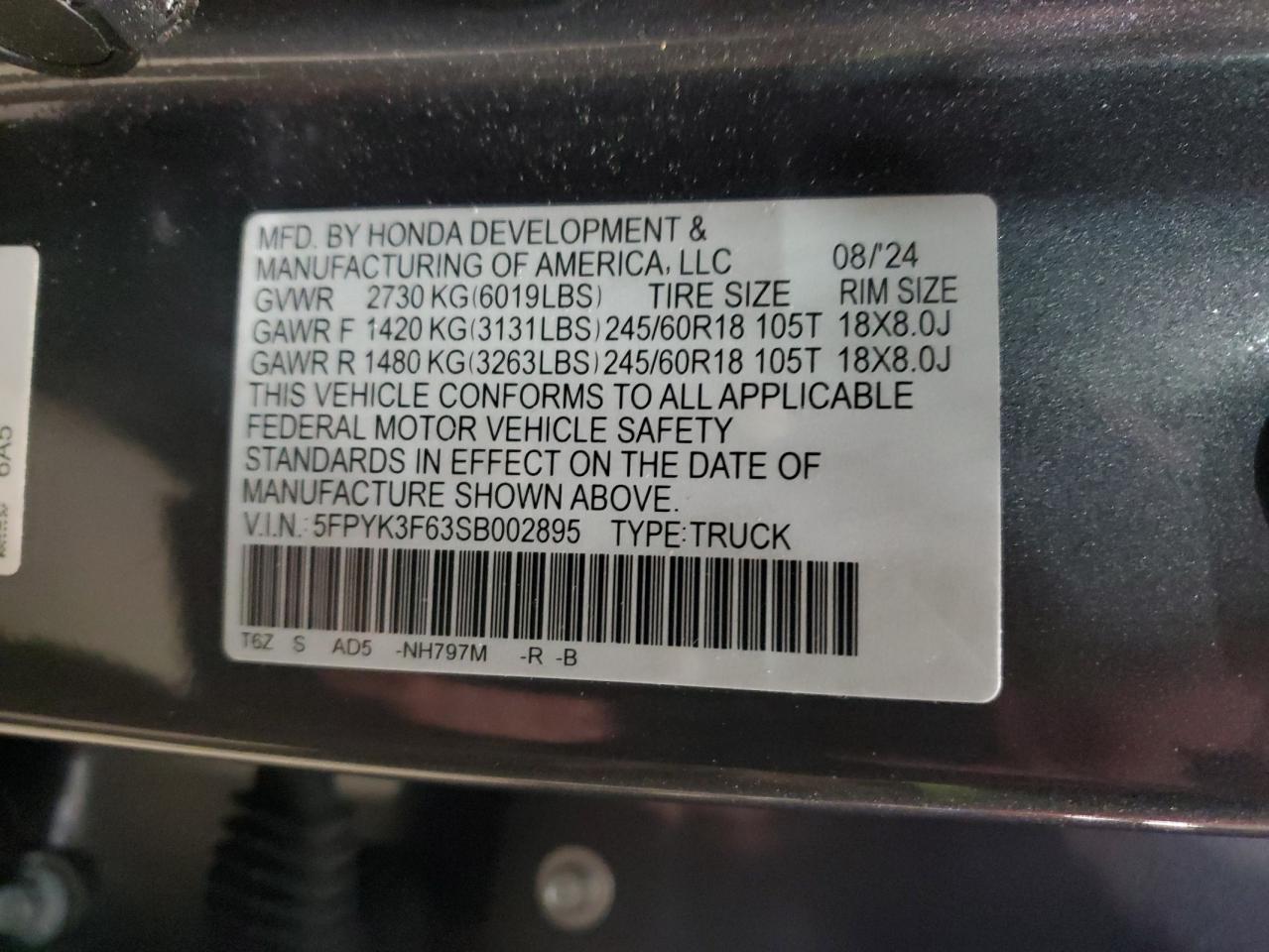 2025 Honda Ridgeline Trail Sport VIN: 5FPYK3F63SB002895 Lot: 92178375