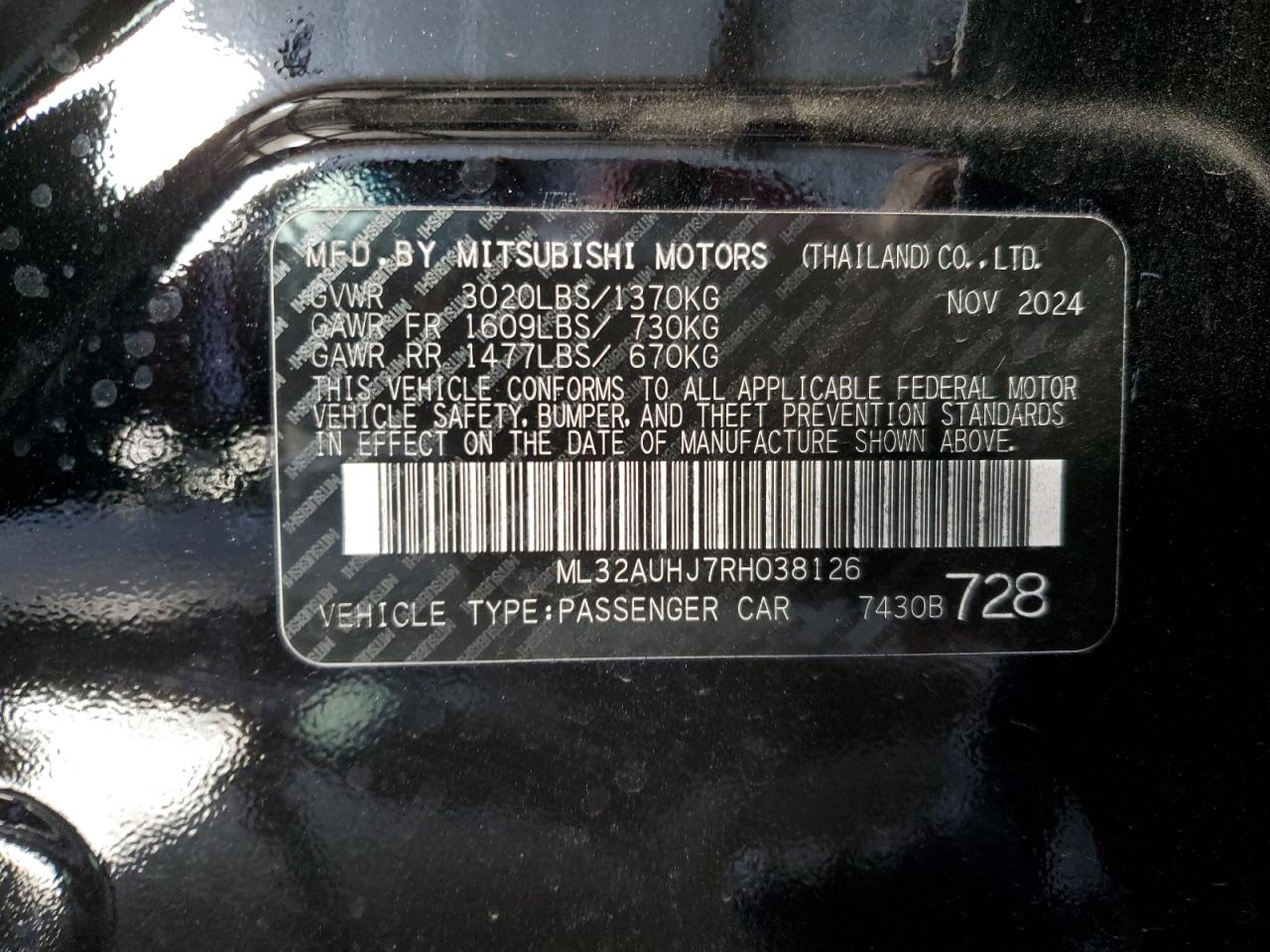 2024 Mitsubishi Mirage Es VIN: ML32AUHJ7RH038126 Lot: 91636485